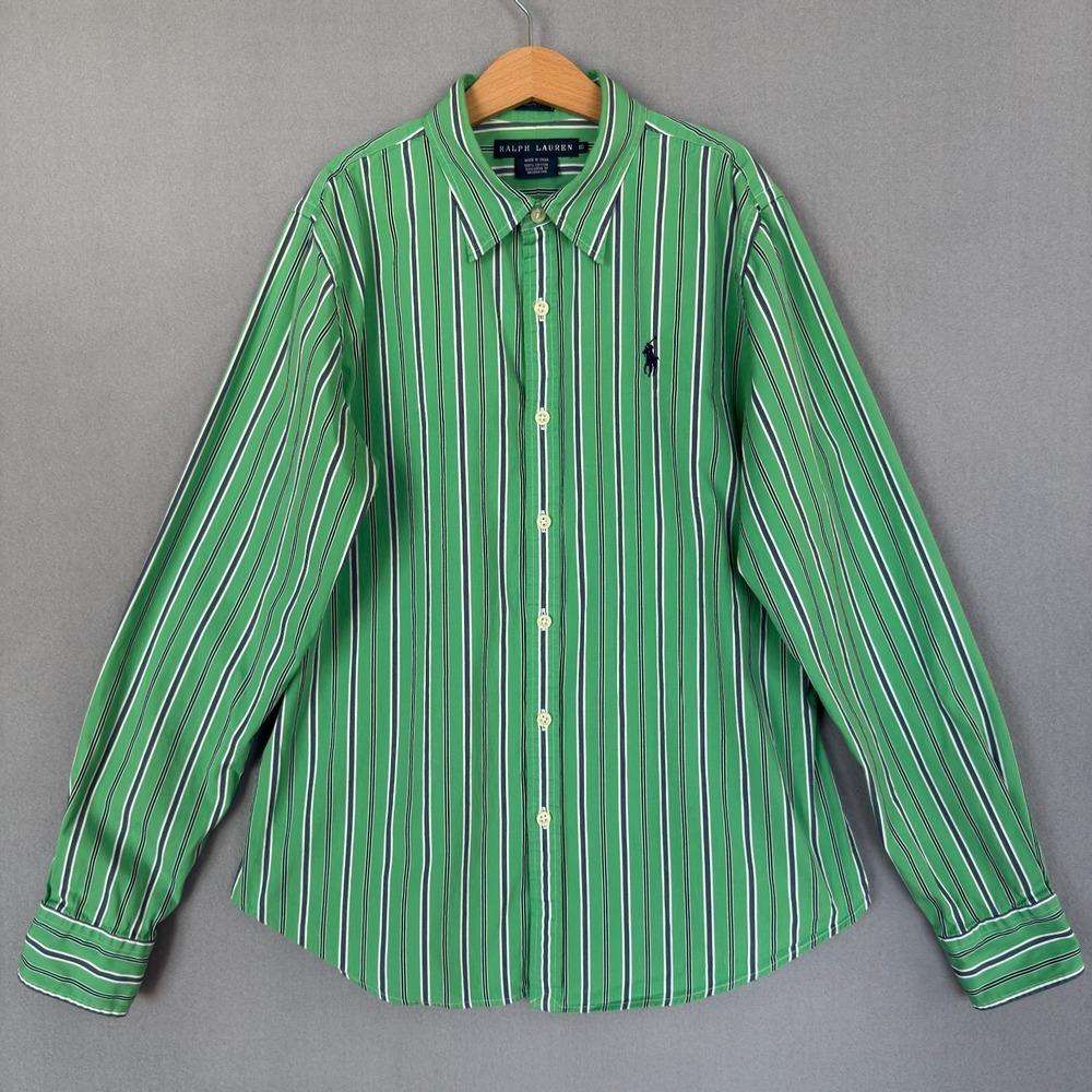 Ralph Lauren Boys 10 Slim Fit Green Striped Button Down‎ Long Sleeve Shirt